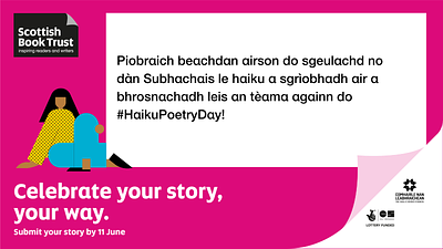 Gaelic haiku writing prompt with text about Your Stories Celebration project